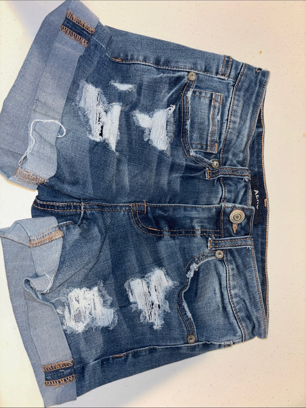 Aeropostale Distressed Rolled-Hem Denim Shorts - Blue